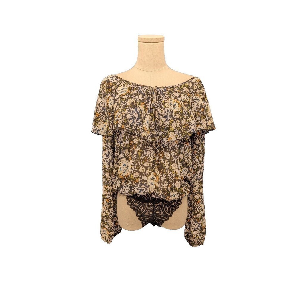 Intimately Free People Floral‎ Chiffon Ruffle Overlay Semi Sheer Bodysuit XS